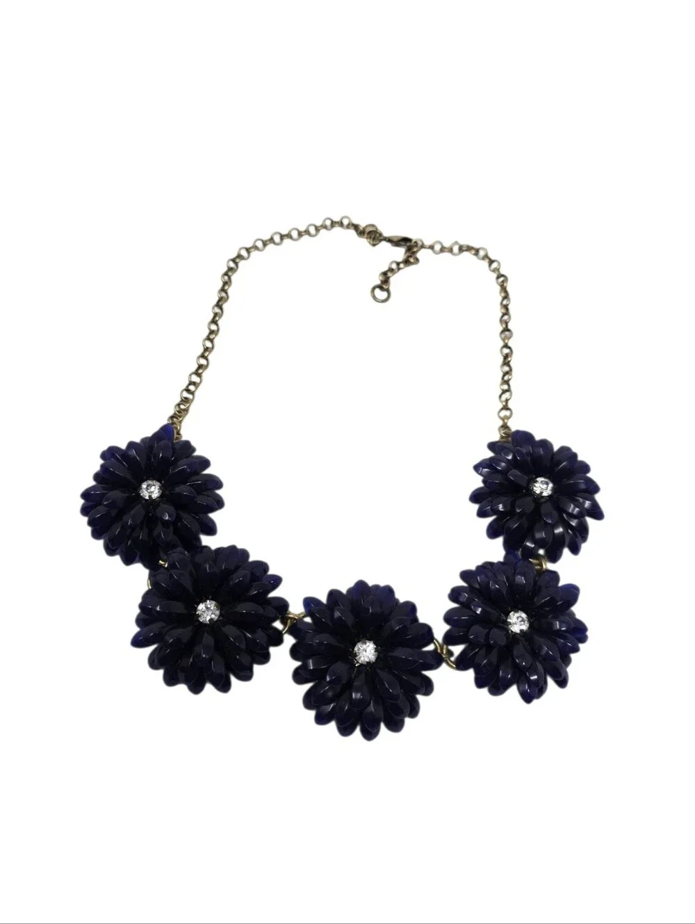 J Crew Articulated Petals & Rhinestone Gold Tone Chain Statement Necklace Navy